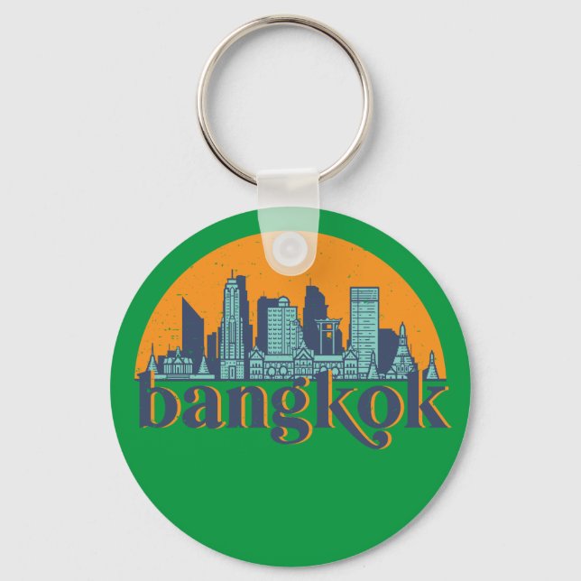 Bangkok Thailand Retro City Skyline Cityscape Art Keychain (Front)