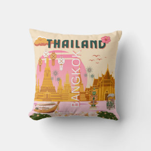 Bangkok Thailand Retro Vintage Travel Poster Throw Pillow