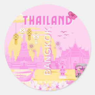 Bangkok Thailand Travel Poster   Pink Retro Art Classic Round Sticker