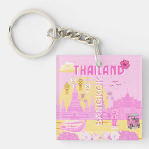 Bangkok Thailand Travel Poster Pink Retro Art Keychain