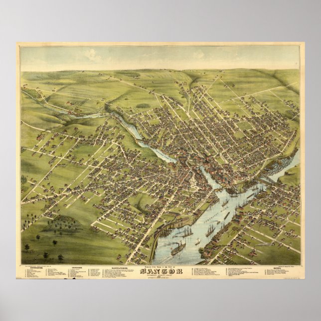 Bangor Maine 1875 Antique Panoramic Map Poster (Front)