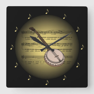 Banjo 3-D Gold Globe ~ Sheet Music ~ Black BG ~ * Square Wall Clock