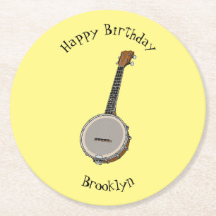 Banjo cartoon illustration round paper coaster