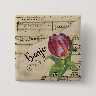 Banjo Elegant Tulip Vintage Sheet Music 2 Inch Square Button