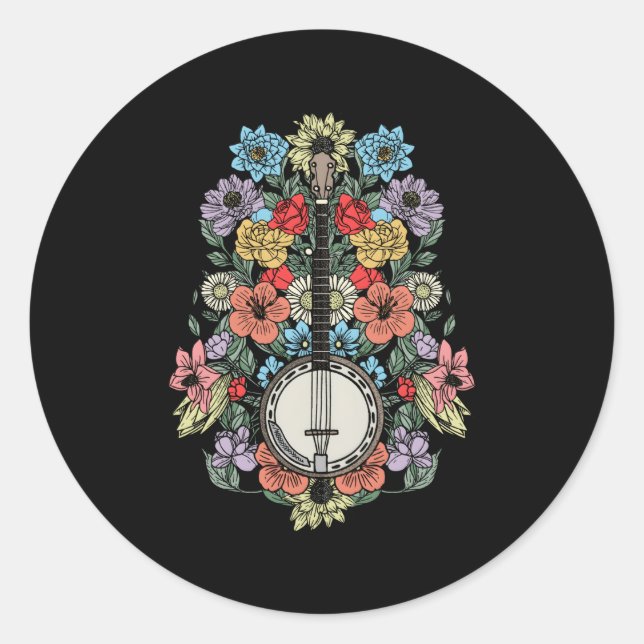 Banjo Flowers Stringed Bluegrass Folk Floral Classic Round Sticker (Front)