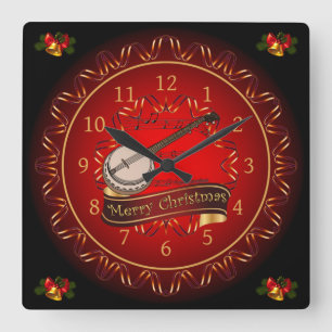 Banjo ~ Merry Christmas ~ Maroon & Black ~  Square Wall Clock