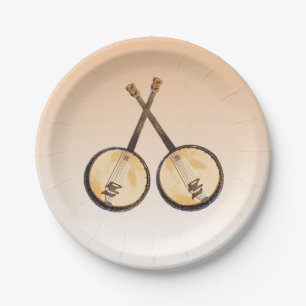Banjo Music Instruments on Orange Paper Plates