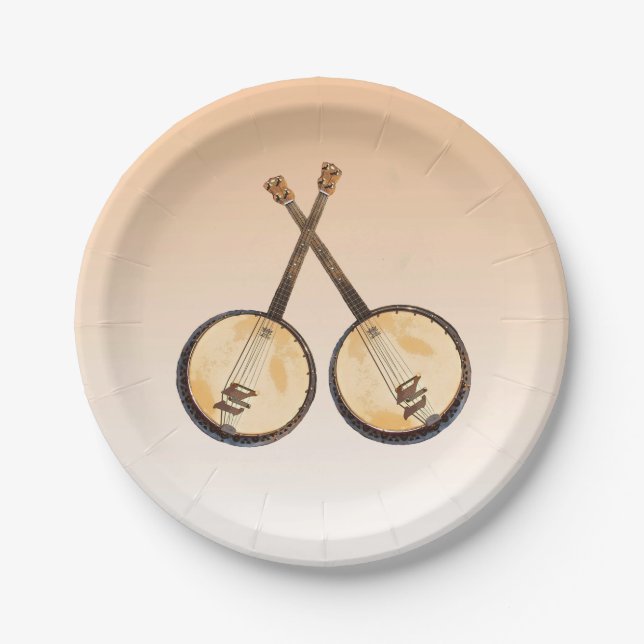 Banjo Music Instruments on Orange Paper Plates (Front)