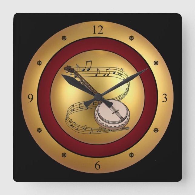 Banjo~Musical Scroll~Gold/Maroon/Black Background Square Wall Clock (Front)