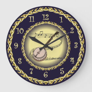 Banjo ~ Musical Scroll ~ Gold/Navy Blue ~  Large Clock