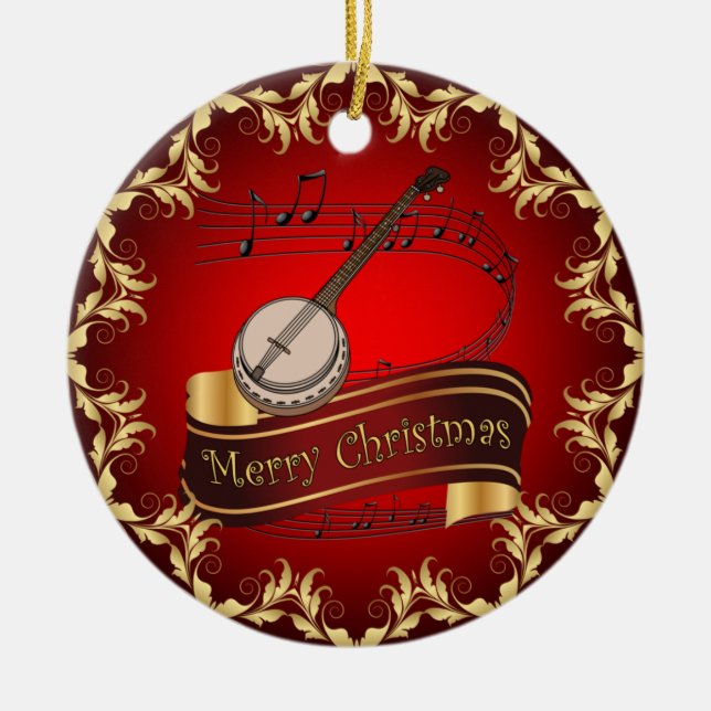 Banjo ~ Musical Scroll ~ Merry Christmas ~ * ~  Ceramic Ornament (Front)