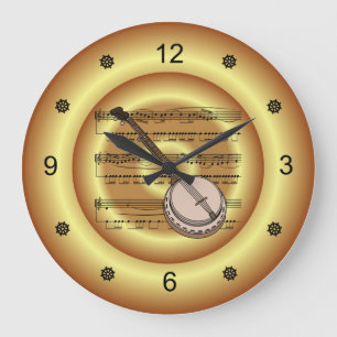 Banjo ~ Sheet Music ~ Gold Background ~  Large Clock