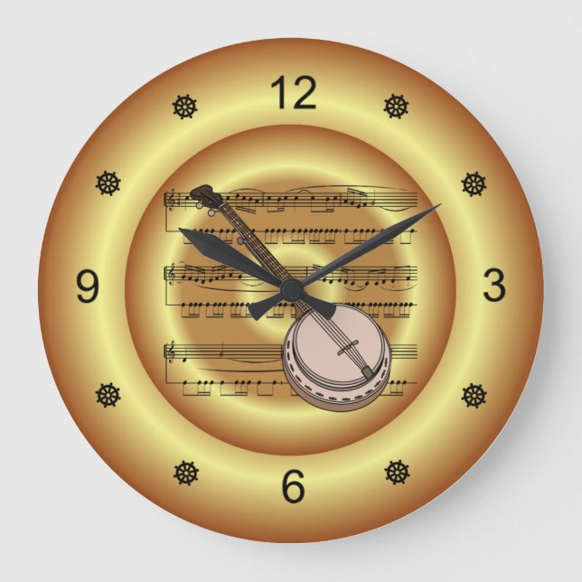 Banjo ~ Sheet Music ~ Gold Background ~  Large Clock (Front)