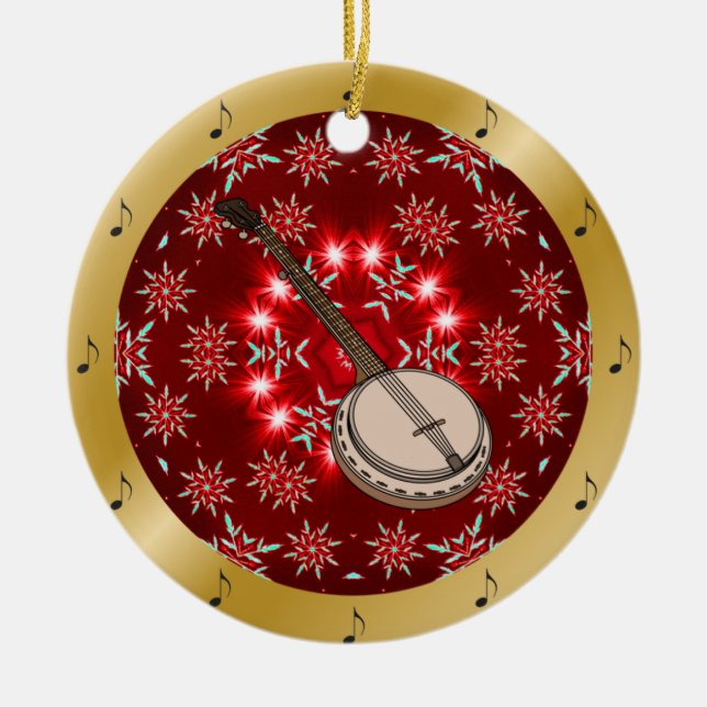 Banjo ~ Silver ~ Red~ Gold ~ Christmas ~ Ceramic Ornament (Front)