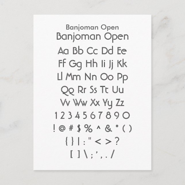 Banjoman Open - Zazzle Font Sampler Sheet Postcard (Front)
