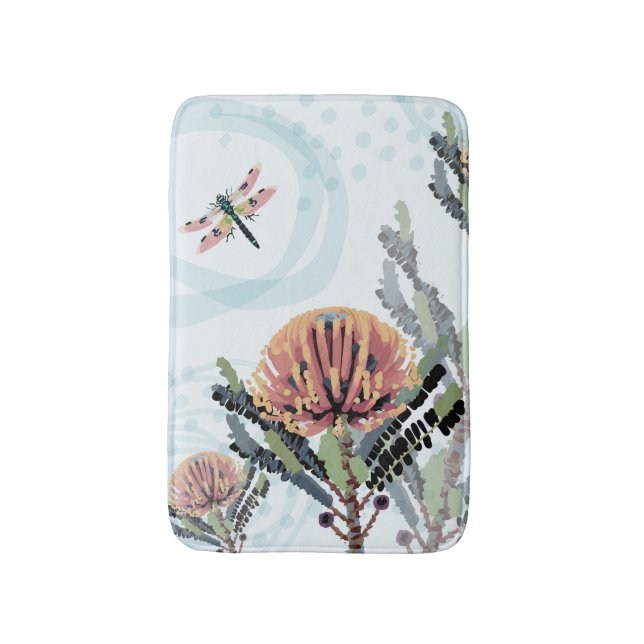 Banksia Flower Dragonfly Art Bath Mat (Front Vertical)