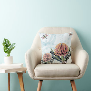 Banksia Flower Dragonfly Art Throw Pillow