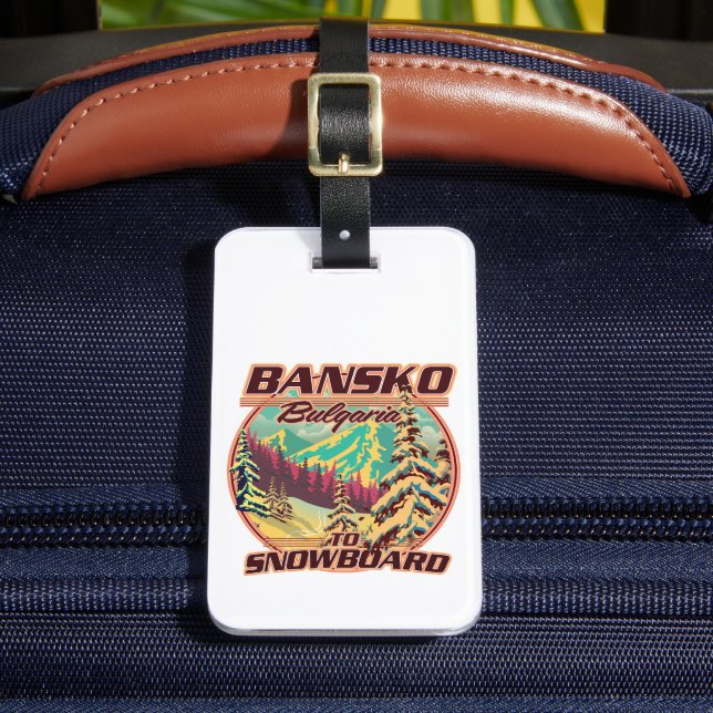 Bankso Bulgaria to Snowboard logo Luggage Tag (Front Insitu 2)