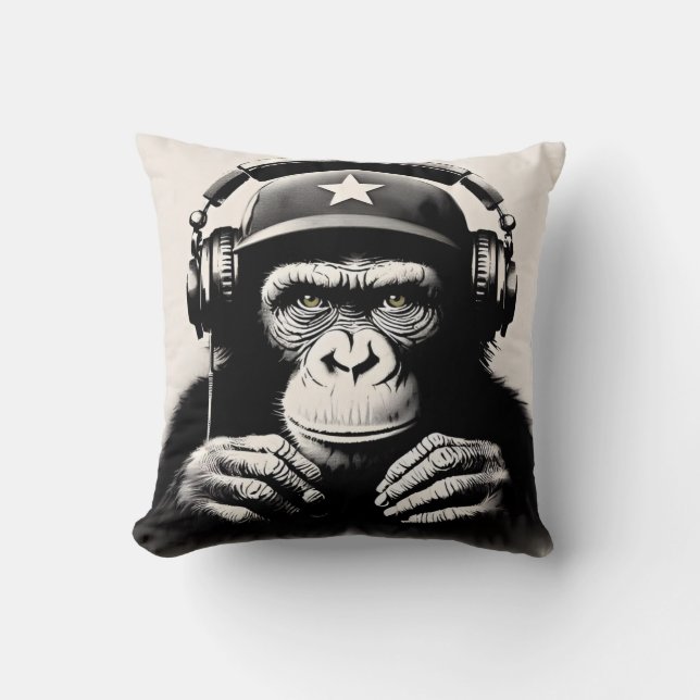 Banksy DJ Monkey Gorilla Chimp Art Print Throw Pillow (Front)