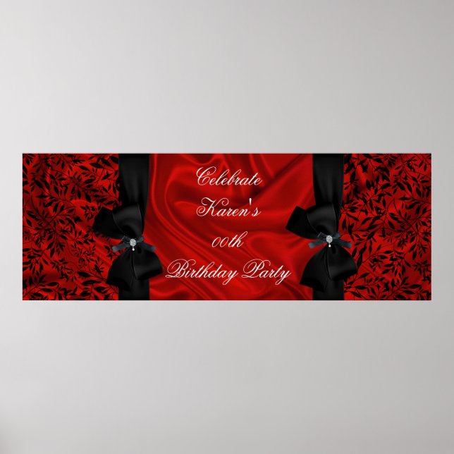 Banner Add Age Birthday Party Red Damask Black Poster (Front)