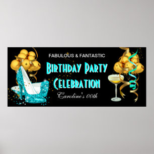 Banner Birthday Party Celebration Teal Blue Gold Poster