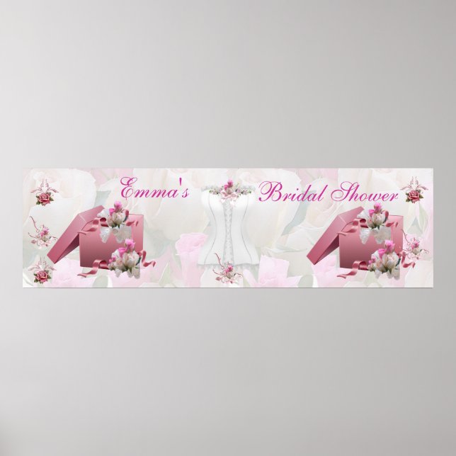Banner Bridal Shower White Pink Floral Poster (Front)