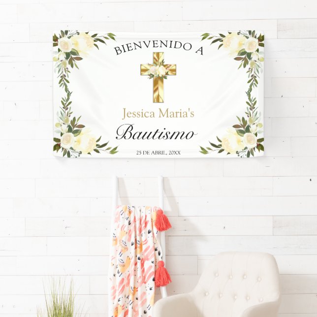 Banner De Bienvenida De Bautizo De Cruz Y Floral (Insitu)