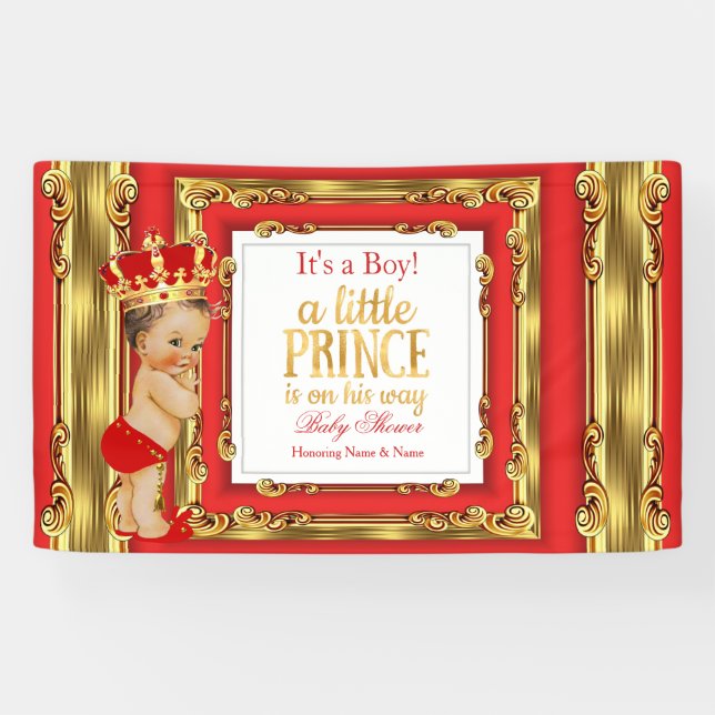 Banner Prince Baby Shower Regal Red Gold Brunette (Horizontal)