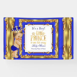 Banner Prince Baby Shower Royal Blue Gold Brunette