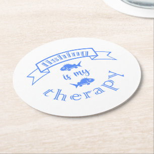 Banner ribbon quote Fishing is my therapy Round Paper Coaster