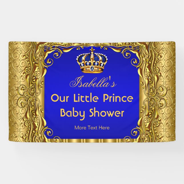 Banner Royal Prince Baby Shower Blue Gold Crown (Horizontal)