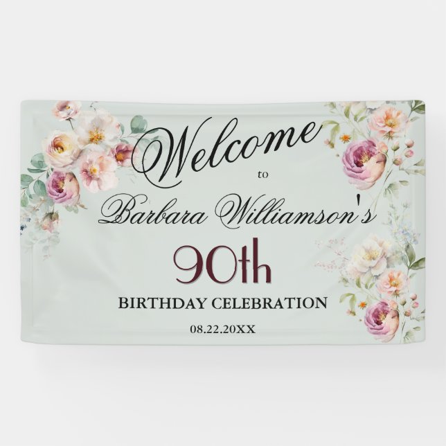 Banner Watercolor Floral 90th Birthday Welcome  (Horizontal)