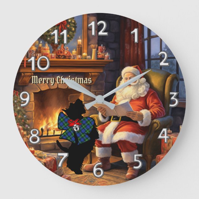 Bannerman Scottie Dog & Santa Personalized Xmas Large Clock (Front)