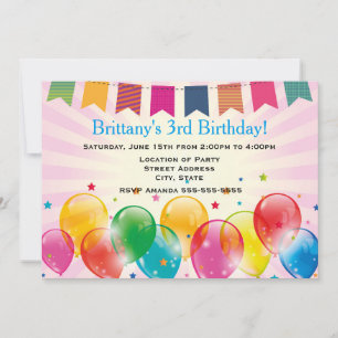 Banners and Balloons Pink Birthday Party Invitation
