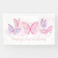 Bannière 1er anniversaire Papillon Rose Violet Fil