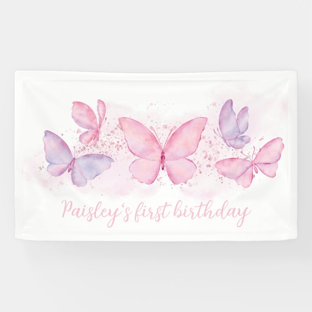 Bannière 1er anniversaire Papillon Rose Violet Fil (Horizontal)