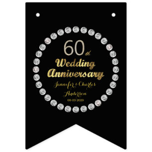 Bannière À Fanions 60e anniversaire du Mariage de diamant noir et or