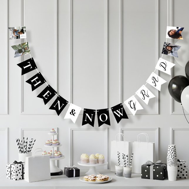 Bannière À Fanions Amusez-vous Alors & Maintenant Grad Photo Collage  (Fun Then & Now Grad Photo Collage Graduation Party Bunting Flags)