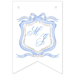 Bannière À Fanions Aquarelle Designer Blue Monogram Crest Mariage