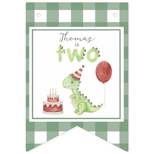 Bannière À Fanions Aquarelle Dinosaur 2ème anniversaire (Premier drapeau)
