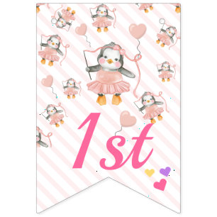 Bannière À Fanions Baby Penguin Ballerina rose Personnalisé Anniversa