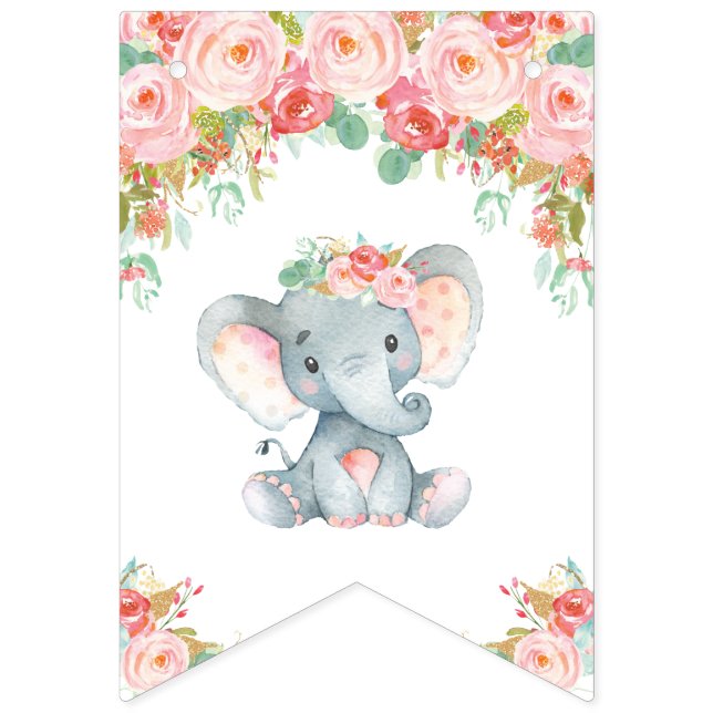 Bannière À Fanions Baby shower d'éléphant floral rose (Premier drapeau)