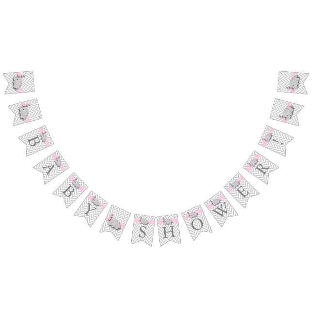 Bannière À Fanions Baby shower d'éléphant rose, gris blanc (Tout)