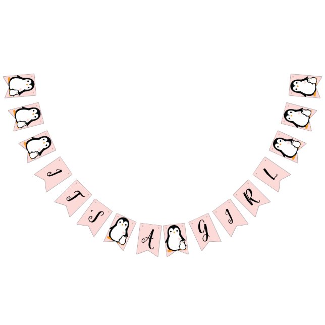 Bannière À Fanions Baby shower Pingouin mignon fille rose (Tout)