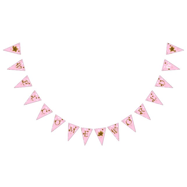 Bannière À Fanions Baby shower rose et or Bienvenue Empreinte mondial (Tout)