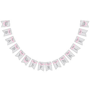 Bannière À Fanions Bébé gris rose et blanc saupoudré d'éléphant