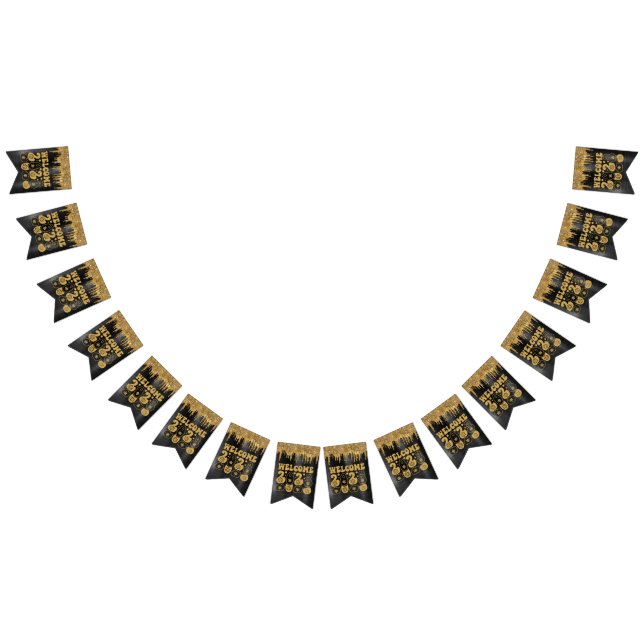 BANNIÈRE À FANIONS BIENVENUE 2023 PARTIES SCINTILLANT NOIR & OR DRIP  (Tout)