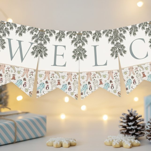 Bannière À Fanions Bienvenue bébé Noël Baby shower d'hiver (Winter Christmas Baby Shower Bunting Flags. Cute Baby Pajamas, Penguin, Teddy Bear, Reindeer & Pine)