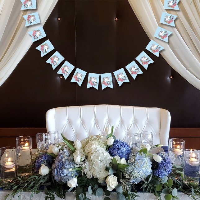 Bannière À Fanions Blanc Unicorne rose Fleurs Bleu (Créateur téléchargé)
