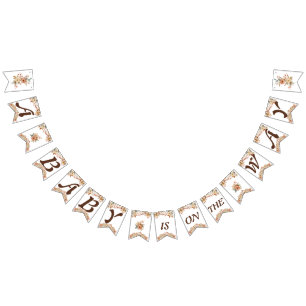 Bannière À Fanions Boho Floral Lettres Brown sur Baby shower blanc